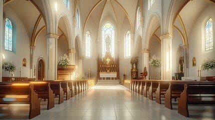 Catholic church interior, bright. Generative AI.