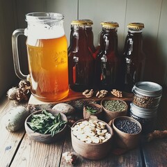 A rustic table with a jug of beer, bottles of kombucha, and bowls of nuts, seeds, and herbs.