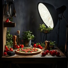 Wall Mural - A rustic wooden table with a plate of sliced tomatoes, herbs, and other ingredients, lit by a studio light.