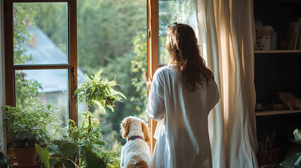 Young woman stands with her dog and looks out of the window while making repairment of a new house on nature. Creative process of home renovation and repair, friendship with pets concept  