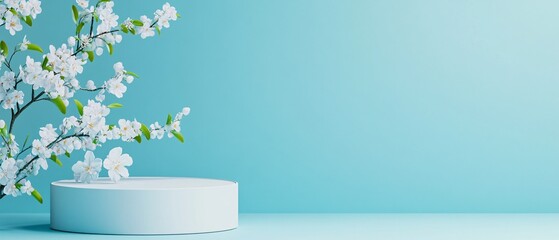 elegant pedestal with springtime motifs, created in Cinema 4D, with ample space for text, deep depth of field covering every detail