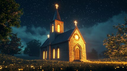 A small stone church glows with warm light against a backdrop of a starry night sky.