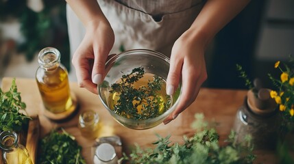 A person carefully mixing oils and fresh herbs in a glass bowl, surrounded by natural ingredients and plants, creating organic remedies at home 