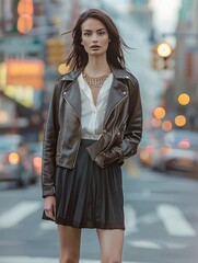 A stylish woman standing confidently, wearing an elegant outfit that combines various textures: a silk blouse, a wool skirt, and a leather jacket. She is accessorized with a statement necklace.