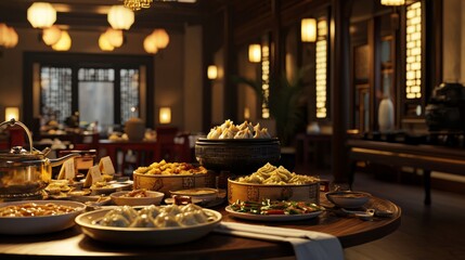 A table set with a variety of delicious Chinese dishes, including dumplings and noodles, in a dimly lit restaurant.