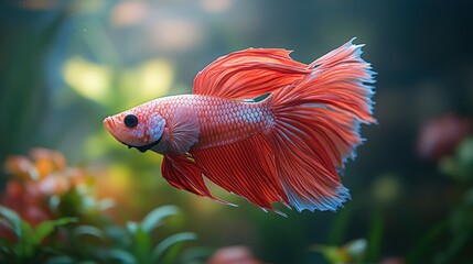 A vibrant red and white betta fish swims gracefully in a tank, showcasing its flowing fins and captivating colors.