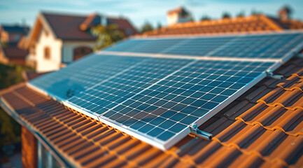 Aufkleber - Solar panels on a roof in a village, roof in perspective view, sun in the background an sunlight on the solar panels, blue sky, red bricks on the roof, houses in the background with a little village.