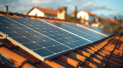 Aufkleber - Solar panels on a roof in a village, roof in perspective view, sun in the background an sunlight on the solar panels, blue sky, red bricks on the roof, houses in the background with a little village.