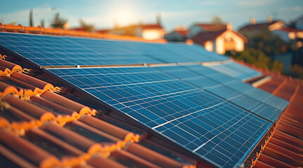 Aufkleber - Solar panels on a roof in a village, roof in perspective view, sun in the background an sunlight on the solar panels, blue sky, red bricks on the roof, houses in the background with a little village.