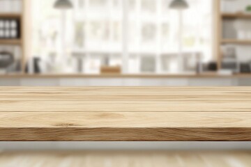 Wooden table top with blurred kitchen background for product display