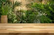 © volga - Warm wooden table lush indoor plant background