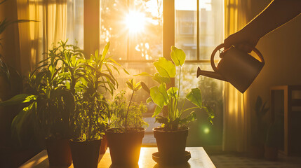 A person watering houseplants near a sunlit window as rays of golden light create a calm, cozy atmosphere in a modern living room