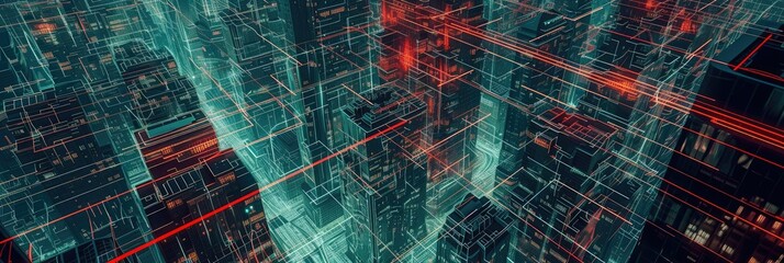 Canvas Print - Futuristic Network Cityscape with Digital Architecture