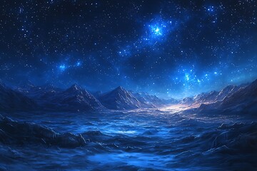 Mystical Blue Landscape Under a Starry Night Sky