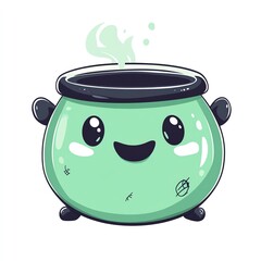 A kawaii cauldron, Halloween theme, pastel green and black, happy expression, isolated on white background