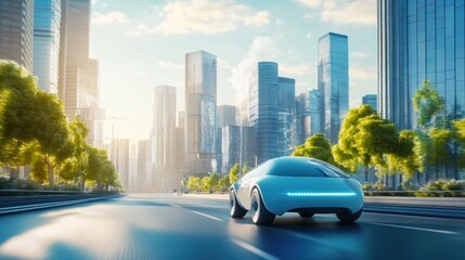 A hydrogen vehicle driving through a clean city, with water vapor emissions, representing the future of transportation