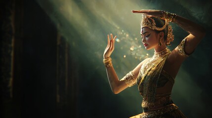 A woman in a golden traditional dress performs a graceful dance pose under a spotlight.