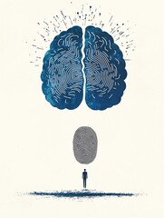 A conceptual illustration of a brain with fingerprint patterns, representing identity, thought, and creativity.