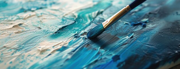 Canvas Print - Close-Up of Paintbrush on Abstract Blue Canvas