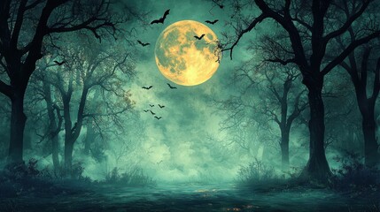 a spooky forest with trees silhouetted against a full moon bats flying overhead and mist covering th