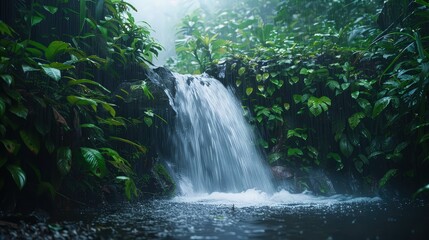 Wall Mural - A small waterfall in a rainforest, with the falling water intensified by the rain and surrounded by lush, foggy vegetation.