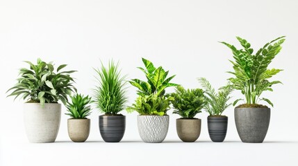 A collection of ornamental plants in stylish pots, arranged in a neat row against a plain white background.