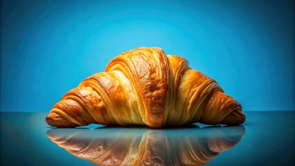 A fresh, golden-brown croissant stands out against a serene blue backdrop, inviting viewers to savor its delicious flakiness