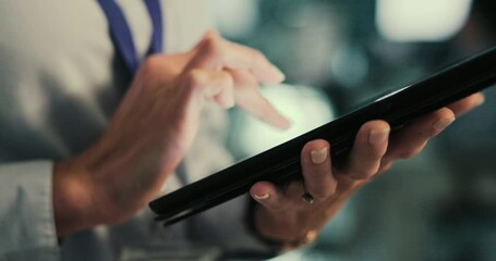Business, woman and hands with tablet in office for information technology, research and update. Company, developer and programmer typing at work for backend development, software and communication