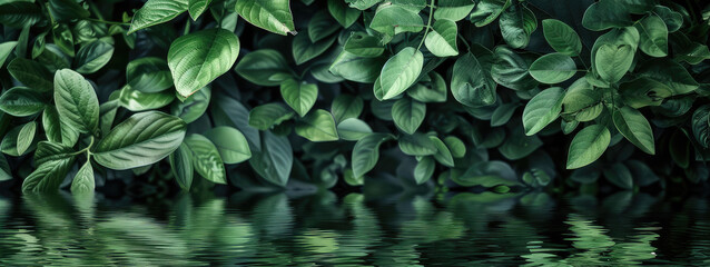 Poster - Tranquil Green Leaves Reflecting on Water Surface