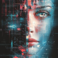 Poster - Abstract futuristic portrait of a woman with glowing digital elements.