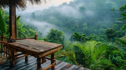 Poster - A spacious wooden desk on a terrace overlooking a dense, mist-covered rainforest, providing a magical and inspiring setting for creative work or relaxation.