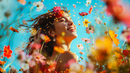 Woman enjoying a sunny day surrounded by colorful wildflowers in a vibrant outdoor field