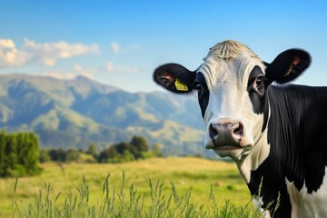 Close-up of a black and white cow in a grassy meadow with mountains in the background under a clear blue sky. High-resolution image capturing the cow's cute expression, green tones, and natural lighti