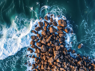 Canvas Print - Beautiful aerial view of coast line. Relaxing waves foam and splash over rocks on sandy shore. Top drone view beach landscape, tranquil peaceful nature background. Coastal wallpaper, inspire. AI gen