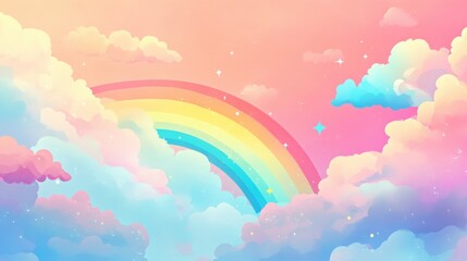 abstract kawaii pastel sky with a soft gradient, featuring colorful rainbows and clouds, creating a 