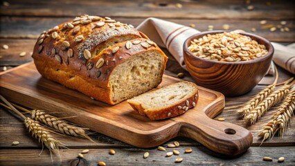 Close-up image of freshly baked bread and oats on a wooden cutting board, perfect for food enthusiasts and health-conscious individuals