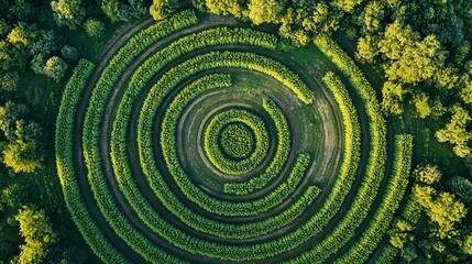 Canvas Print - Aerial view of a circular crop field with concentric circles.