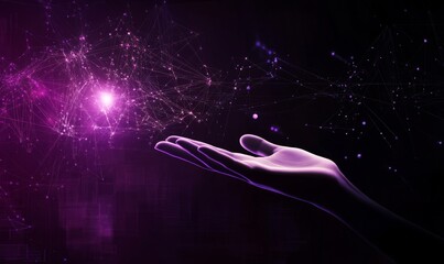 Wall Mural - Hand reaching towards abstract digital network symbolizing technology and business growth with purple hues highlighting data science and AI concepts.