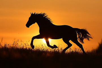 A silhouette of a horse running against a vibrant sunset backdrop.