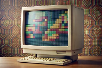 Retro computer with colorful pixel art display on wooden desk