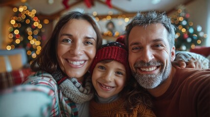 Happy family taking selfie during Christmas celebration, with tree in background.