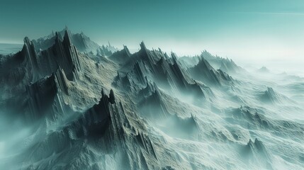 Wall Mural - A surreal exoplanet with steep, rocky mountains rising dramatically from a misty surface. The atmosphere has a unique color, different from Earth's, adding to the alien feel.