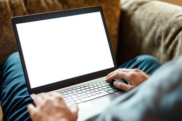 Person sitting on sofa typing on laptop with blank white screen, perfect for web development advertisement. View from behind shows partial profile, casual yet focused on their work.