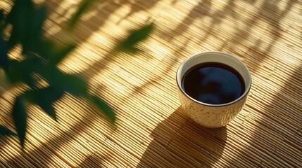 A cup of coffee on a bamboo mat, with natural light and shadows creating a peaceful vibe. No logo, no people.