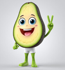 Wall Mural - 3D cute adorable avocado character, big eyes, fat, happy smile fun, isolated in grey background