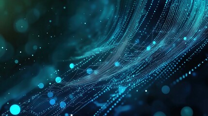 Aufkleber - Futuristic abstract banner featuring glowing blue digital dots on a dark green gradient background, with a close-up view of binary code patterns on a curved surface. The Nordic-style cityscape with a 