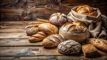 Wall Mural - Freshly baked bread displayed on a rustic wooden table with space for text