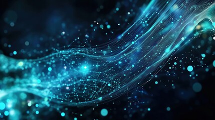 Aufkleber - Futuristic abstract banner featuring glowing blue digital dots on a dark green gradient background, with a close-up view of binary code patterns on a curved surface. The Nordic-style cityscape with a 