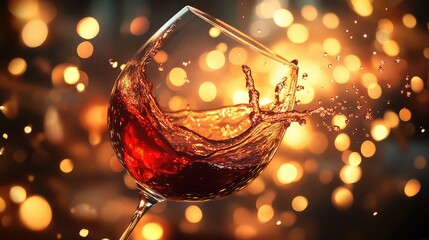 Artistic close-up of a red wine splash in a glass, surrounded by swirling abstract lights in a luxurious evening setting. No people.