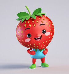 3d strawberry fruit illustration of cute red strawberry happy smile fun, isolated in light clean background